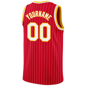 Custom Red White Pinstripe White-Gold Authentic Basketball Jersey