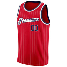 Load image into Gallery viewer, Custom Red White Pinstripe Navy-White Authentic Basketball Jersey
