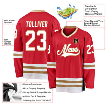 Custom Red White-Old Gold Hockey Jersey