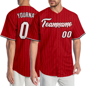 Custom Red Black Pinstripe White-Black Authentic Baseball Jersey