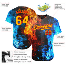 Load image into Gallery viewer, Custom Red Gold 3D Pattern Design Flame Authentic Baseball Jersey
