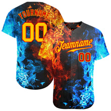 Load image into Gallery viewer, Custom Red Gold 3D Pattern Design Flame Authentic Baseball Jersey
