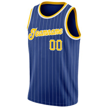 Load image into Gallery viewer, Custom Royal White Pinstripe Gold-White Authentic Basketball Jersey
