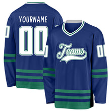 Load image into Gallery viewer, Custom Royal White-Kelly Green Hockey Jersey
