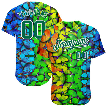 Custom Royal Kelly Green-White 3D Pattern Design Multicolored Butterflies Authentic Baseball Jersey