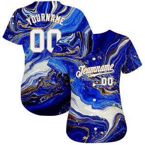 Custom Royal White-Old Gold 3D Pattern Design Marble Authentic Baseball Jersey