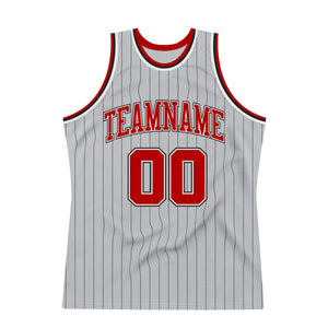 Custom Gray Black Pinstripe Red-White Authentic Throwback Basketball Jersey