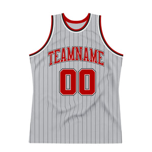 Custom Gray Black Pinstripe Red-White Authentic Throwback Basketball Jersey
