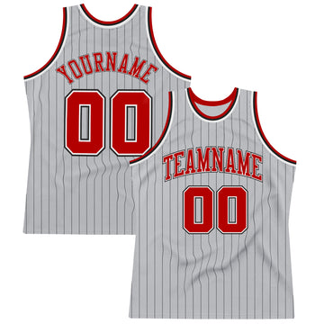 Custom Gray Black Pinstripe Red-White Authentic  Basketball Jersey
