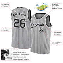 Load image into Gallery viewer, Custom Gray Black Pinstripe Black-White Authentic Throwback Basketball Jersey
