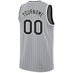 Custom Gray Black Pinstripe Black-White Authentic Throwback Basketball Jersey