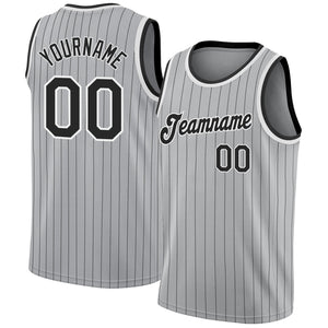 Custom Gray Black Pinstripe Black-White Authentic Throwback Basketball Jersey