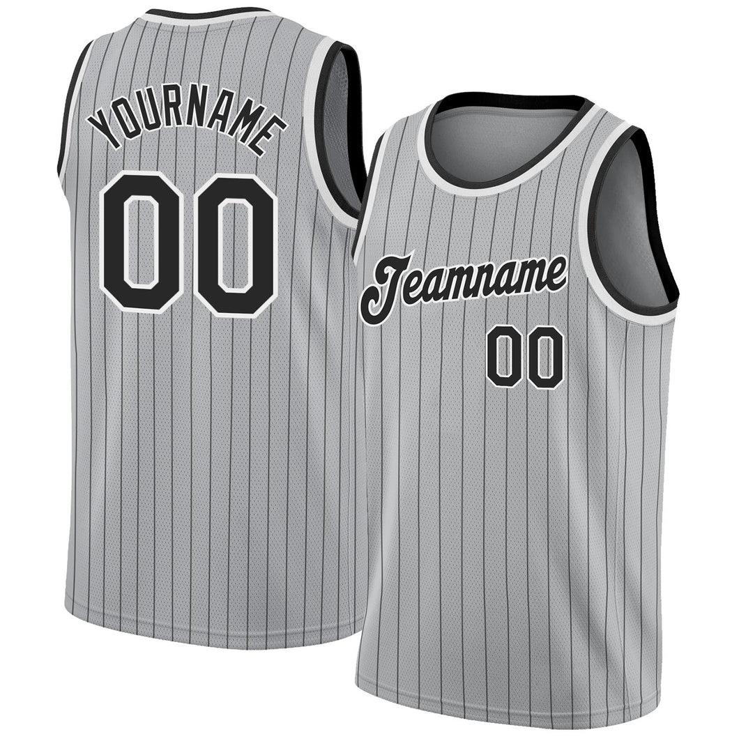 Custom Gray Black Pinstripe Black-White Authentic Throwback Basketball Jersey