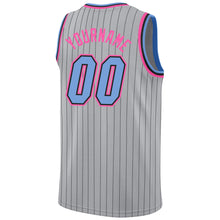 Load image into Gallery viewer, Custom Gray Black Pinstripe Light Blue-Pink Authentic Basketball Jersey

