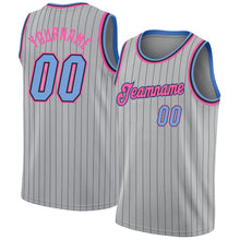 Load image into Gallery viewer, Custom Gray Black Pinstripe Light Blue-Pink Authentic Basketball Jersey
