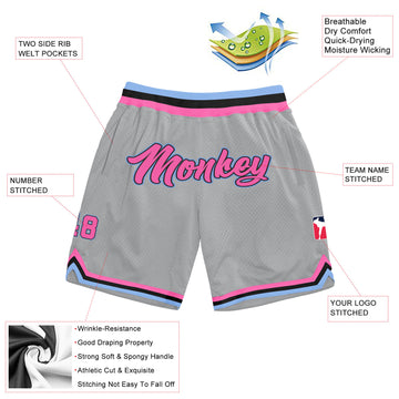 Custom Gray Pink-Light Blue Authentic Throwback Basketball Shorts