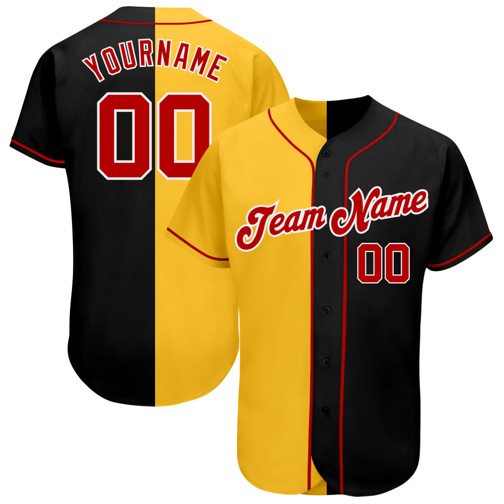 Custom Black Red-Yellow Authentic Split Fashion Baseball Jersey