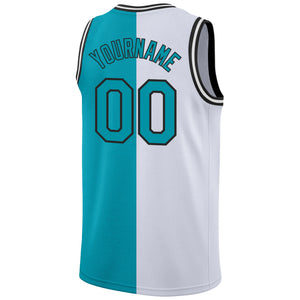 Custom White Teal-Black Authentic Split Fashion Basketball Jersey