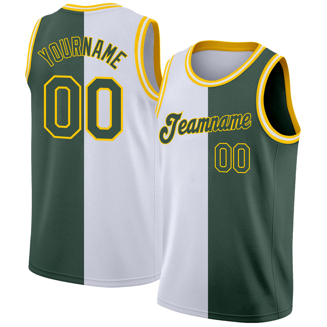 Custom White Hunter Green-Gold Authentic Split Fashion Basketball Jersey