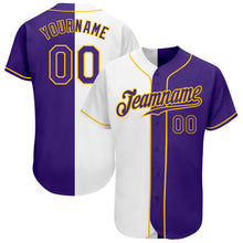 Load image into Gallery viewer, Custom White Purple-Gold Authentic Split Fashion Baseball Jersey
