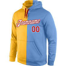 Load image into Gallery viewer, Custom Stitched Gold Red-Light Blue Split Fashion Sports Pullover Sweatshirt Hoodie
