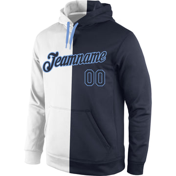 Custom Stitched White Navy-Light Blue Split Fashion Sports Pullover Sweatshirt Hoodie