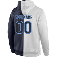 Load image into Gallery viewer, Custom Stitched White Navy-Light Blue Split Fashion Sports Pullover Sweatshirt Hoodie
