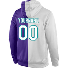 Load image into Gallery viewer, Custom Stitched Purple White-Aqua Split Fashion Sports Pullover Sweatshirt Hoodie

