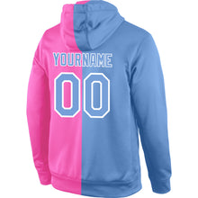 Load image into Gallery viewer, Custom Stitched Pink Light Blue-White Split Fashion Sports Pullover Sweatshirt Hoodie
