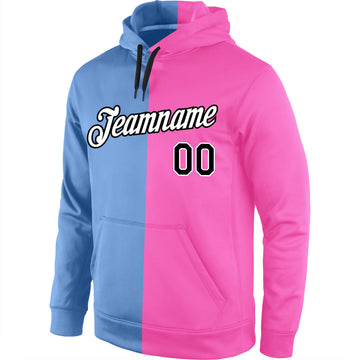 Custom Stitched Light Blue Black-Pink Split Fashion Sports Pullover Sweatshirt Hoodie