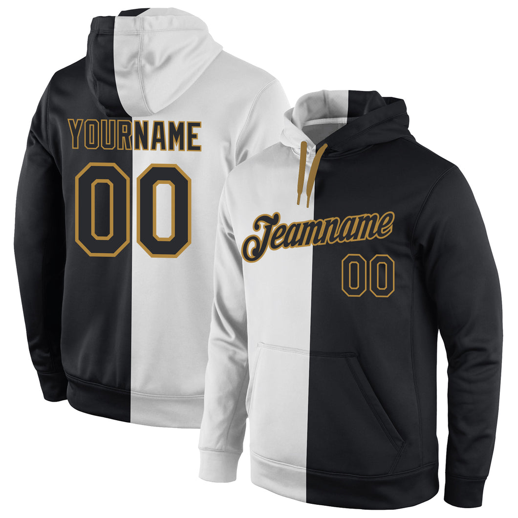 Custom Stitched White Black-Old Gold Split Fashion Sports Pullover Sweatshirt Hoodie