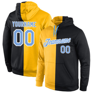 Custom Stitched Gold Light Blue-Black Split Fashion Sports Pullover Sweatshirt Hoodie