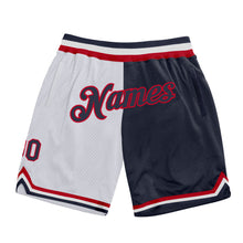 Load image into Gallery viewer, Custom White Navy-Red Authentic Throwback Split Fashion Basketball Shorts
