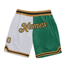 Load image into Gallery viewer, Custom White Old Gold-Kelly Green Authentic Throwback Split Fashion Basketball Shorts
