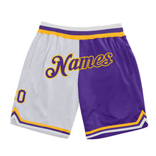 Load image into Gallery viewer, Custom White Purple-Gold Authentic Throwback Split Fashion Basketball Shorts
