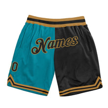 Load image into Gallery viewer, Custom Teal Black-Old Gold Authentic Throwback Split Fashion Basketball Shorts
