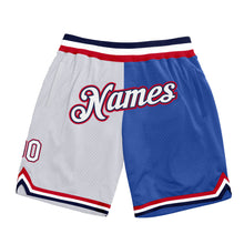 Load image into Gallery viewer, Custom Blue White-Red Authentic Throwback Split Fashion Basketball Shorts
