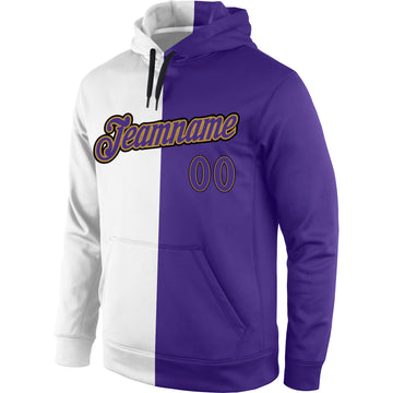 Custom Stitched White Purple-Old Gold Split Fashion Sports Pullover Sweatshirt Hoodie