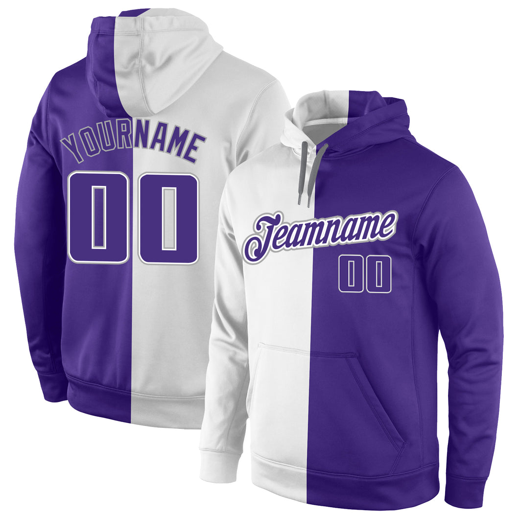 Custom Stitched White Purple-Gray Split Fashion Sports Pullover Sweatshirt Hoodie