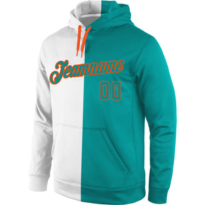 Custom Stitched White Aqua-Orange Split Fashion Sports Pullover Sweatshirt Hoodie