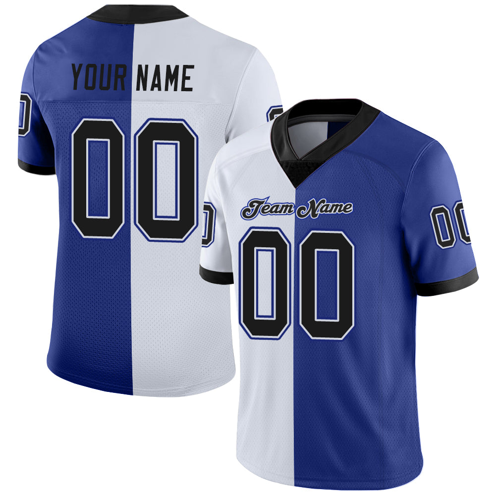 Custom Royal Black-White Mesh Split Fashion Football Jersey