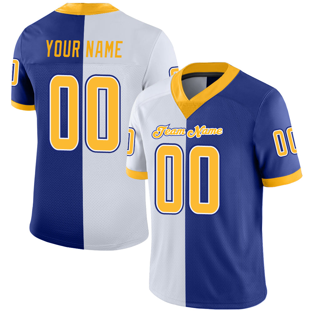 Custom Royal Gold-White Mesh Split Fashion Football Jersey