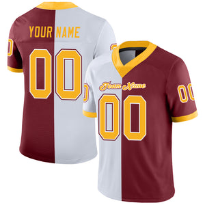 Custom Burgundy Gold-White Mesh Split Fashion Football Jersey