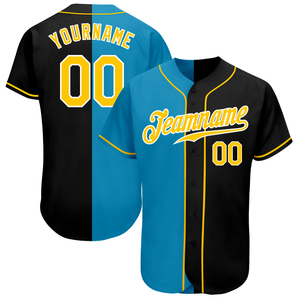 Custom Black Gold-Panther Blue Authentic Split Fashion Baseball Jersey