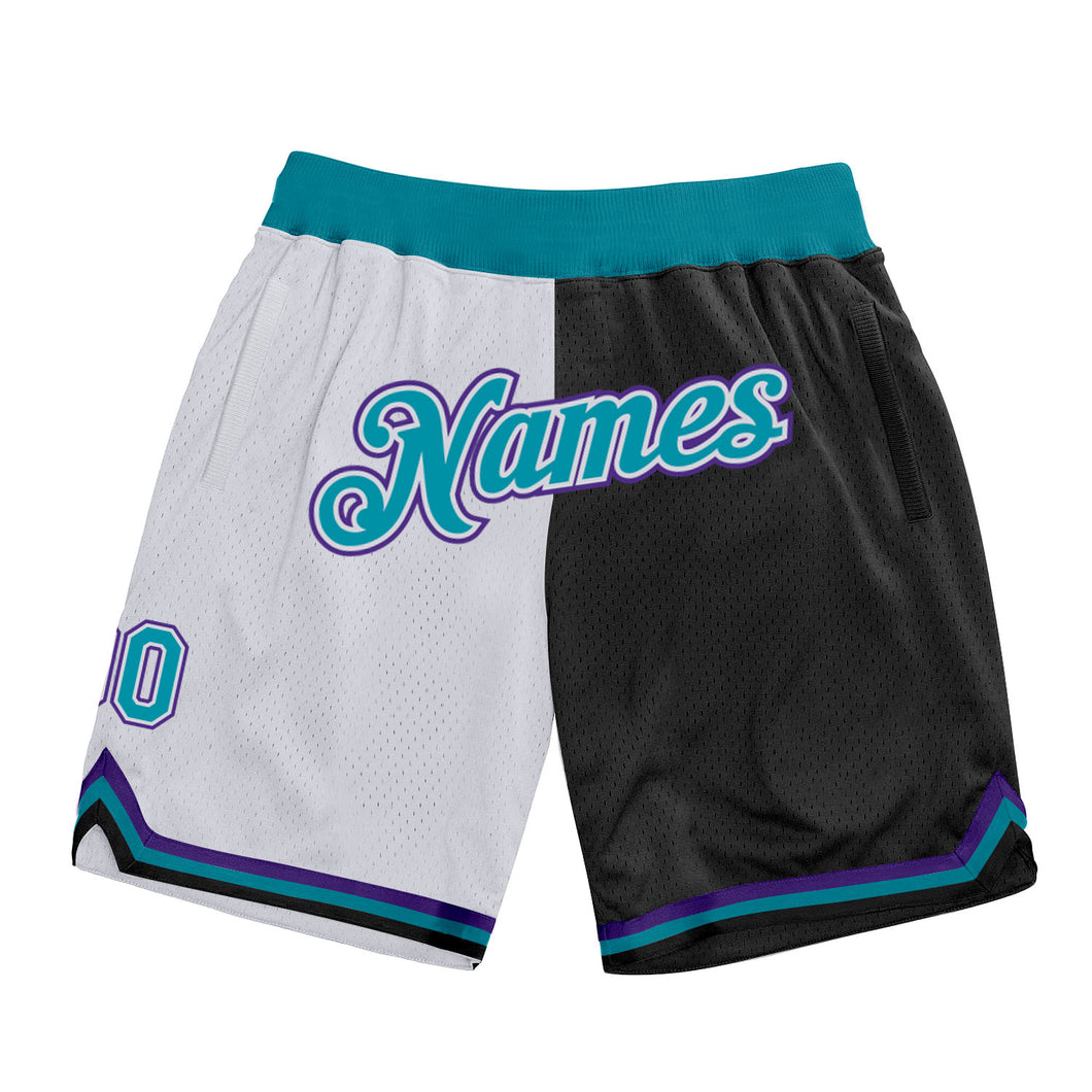 Custom White Teal-Black Authentic Throwback Split Fashion Basketball Shorts