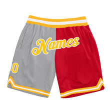 Load image into Gallery viewer, Custom Gray Gold-Red Authentic Throwback Split Fashion Basketball Shorts
