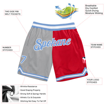 Custom Gray Light Blue-Red Authentic Throwback Split Fashion Basketball Shorts