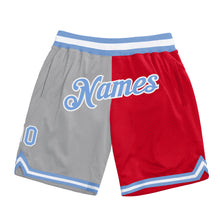 Load image into Gallery viewer, Custom Gray Light Blue-Red Authentic Throwback Split Fashion Basketball Shorts
