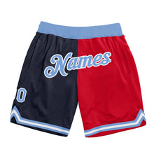 Load image into Gallery viewer, Custom Navy Light Blue-Red Authentic Throwback Split Fashion Basketball Shorts
