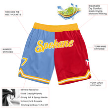 Load image into Gallery viewer, Custom Light Blue Gold-Red Authentic Throwback Split Fashion Basketball Shorts
